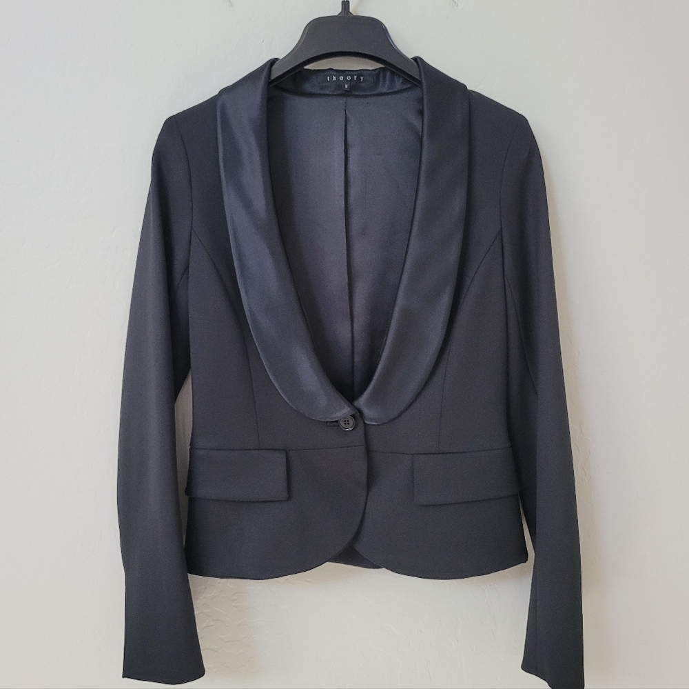 Theory tuxedo jacket black wool satin lapel blazer small